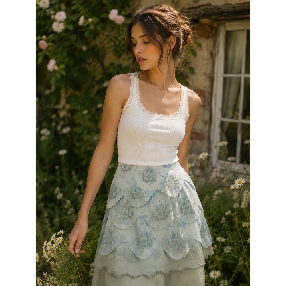 Odille Anthropologie Sage Green Embroidered Tiered Scalloped Mini Skirt Size 12